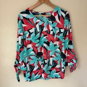 Talbots Red and Teal Leaf Print Blouse